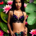 Woman in Black Bikini with Butterfly Patterns Among Pink Water Lilies and Green Leaves