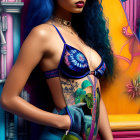 Blue-Haired Woman in Colorful Swimsuit with Urban Backdrop