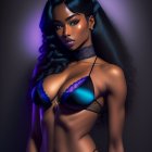 Digital artwork: Woman with dark hair in black and purple lingerie on moody background