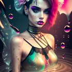 Surreal portrait of woman with vivid makeup and floral hair surrounded by bubbles and colorful swirls