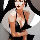 Digital portrait of woman in black outfit with abstract shapes