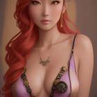 Female character portrait in fantasy attire with red hair and mechanical embellishment