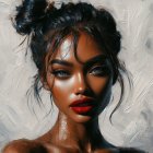 Textured painting of a woman with top bun, bold eyebrows, cheekbones, and red lips,