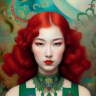 Vibrant red-haired woman in surreal portrait with ornate jewelry