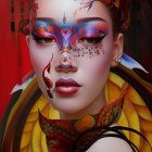 Colorful Butterfly-Inspired Makeup Portrait with Feathers and Florals on Red Background