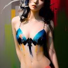 Color-Splattered Bikini Woman on Abstract Art Background