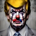 Clown makeup with red nose and blue star, yellow wig, suit, and tie on grey background