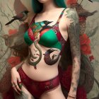 Teal-haired woman with floral tattoos in red lingerie surrounded by birds and flowers