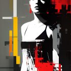 Abstract glitch art digital portrait of a woman in bold red, black, and gray colors