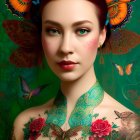 Red-haired woman with tattoos adorned with colorful butterflies and floral patterns on green backdrop