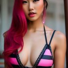 Vibrant pink hair woman in black and pink bikini