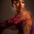 Portrait of woman with elegant updo, maroon outfit, floral embroidery, and intense gaze.