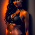 Illustrated woman in black lingerie with bindi under dramatic orange lighting