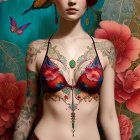 Digital artwork: Woman with tattoos in floral bra surrounded by flowers and butterflies