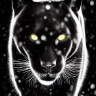 Black panther with intense yellow eyes in snowfall