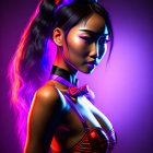 Vibrant digital artwork: woman with ponytail, bold makeup, red top, purple backdrop