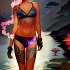 Tattooed woman in stylish swimwear by mystical lake with lotus flowers under twilight sky.