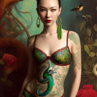 Woman in snake-themed outfit with birds and floral elements for mystical ambiance