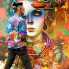 Patterned Jacket Person Poses by Colorful Female Face Mural