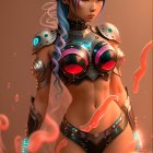 Futuristic female character in blue hair and high-tech armor with glowing elements surrounded by orange holographic
