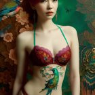 Red-haired woman with bird tattoos in swimwear on floral backdrop with illustrated birds & insects