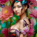 Colorful Butterfly Decorated Woman Poses Among Pink Flowers
