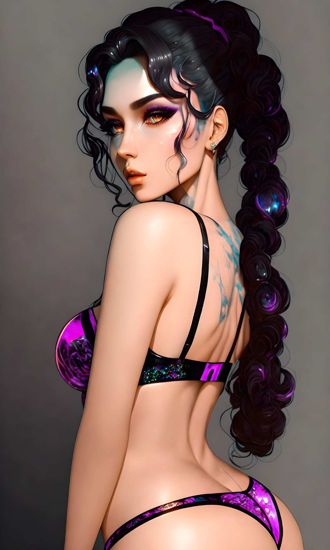 Dark Curly-Haired Woman in Glittery Purple Bikini with Tattoo