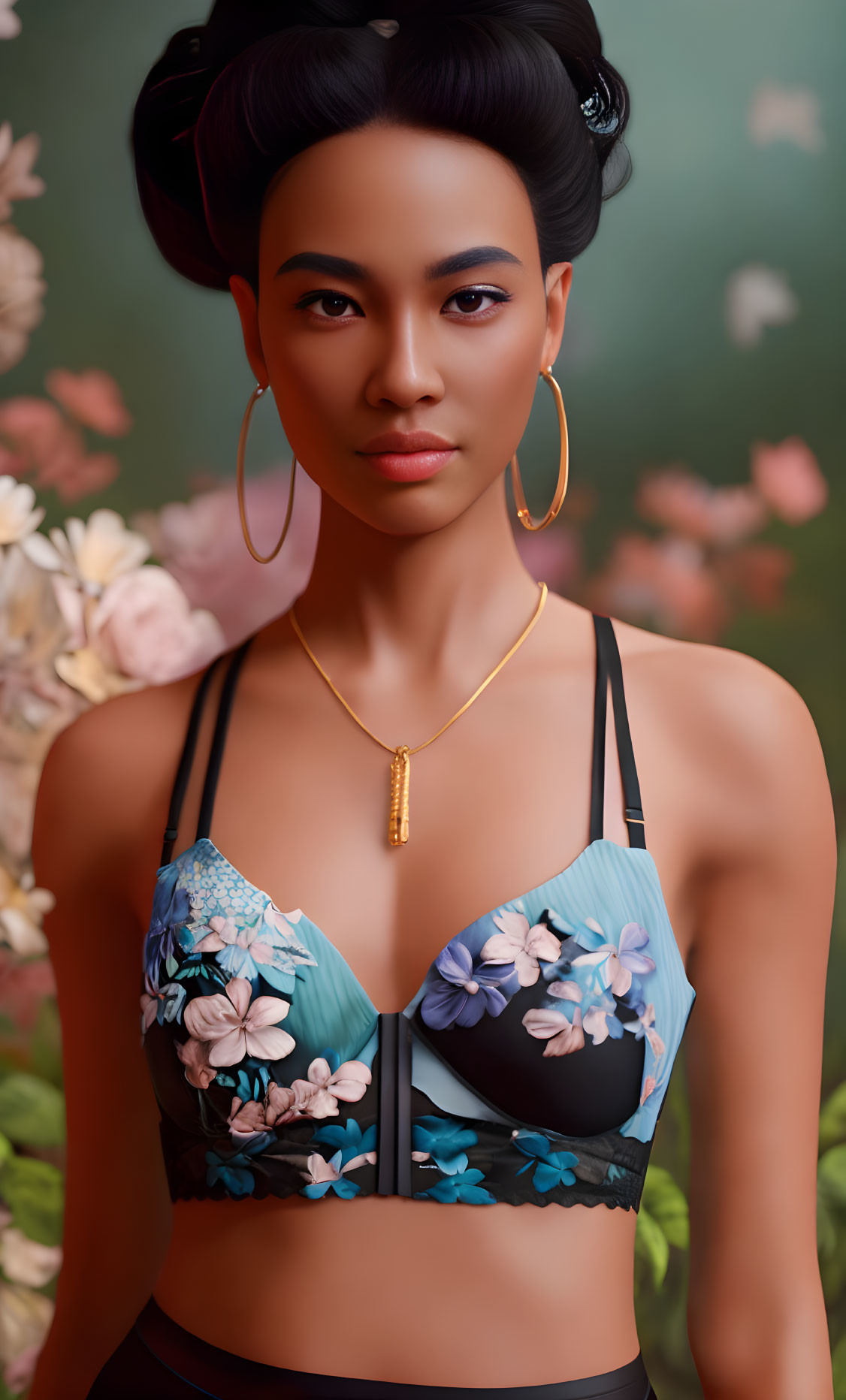 Digital portrait: Woman with bun hair, gold earrings, pendant, floral bralette, against flower background