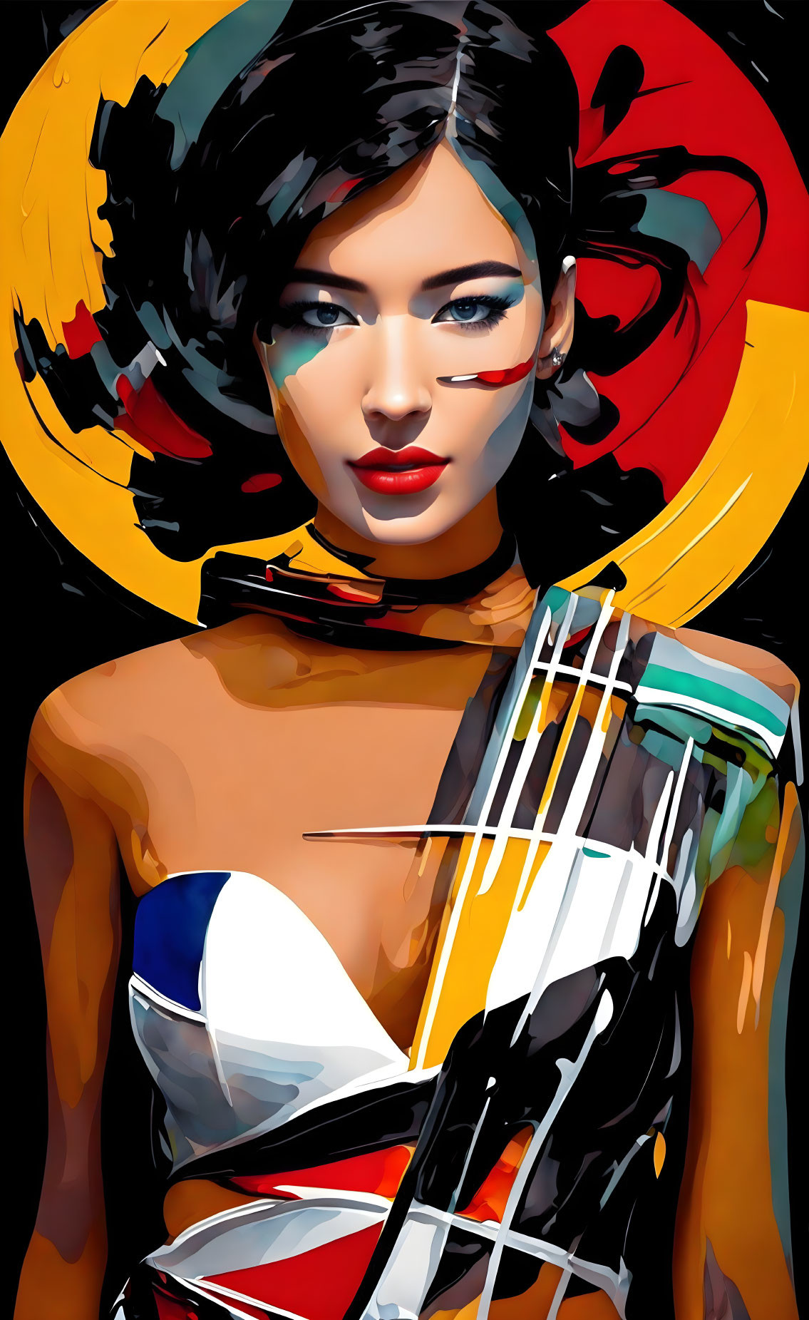 Colorful abstract digital artwork of a woman with striking makeup and vibrant dress on dark background