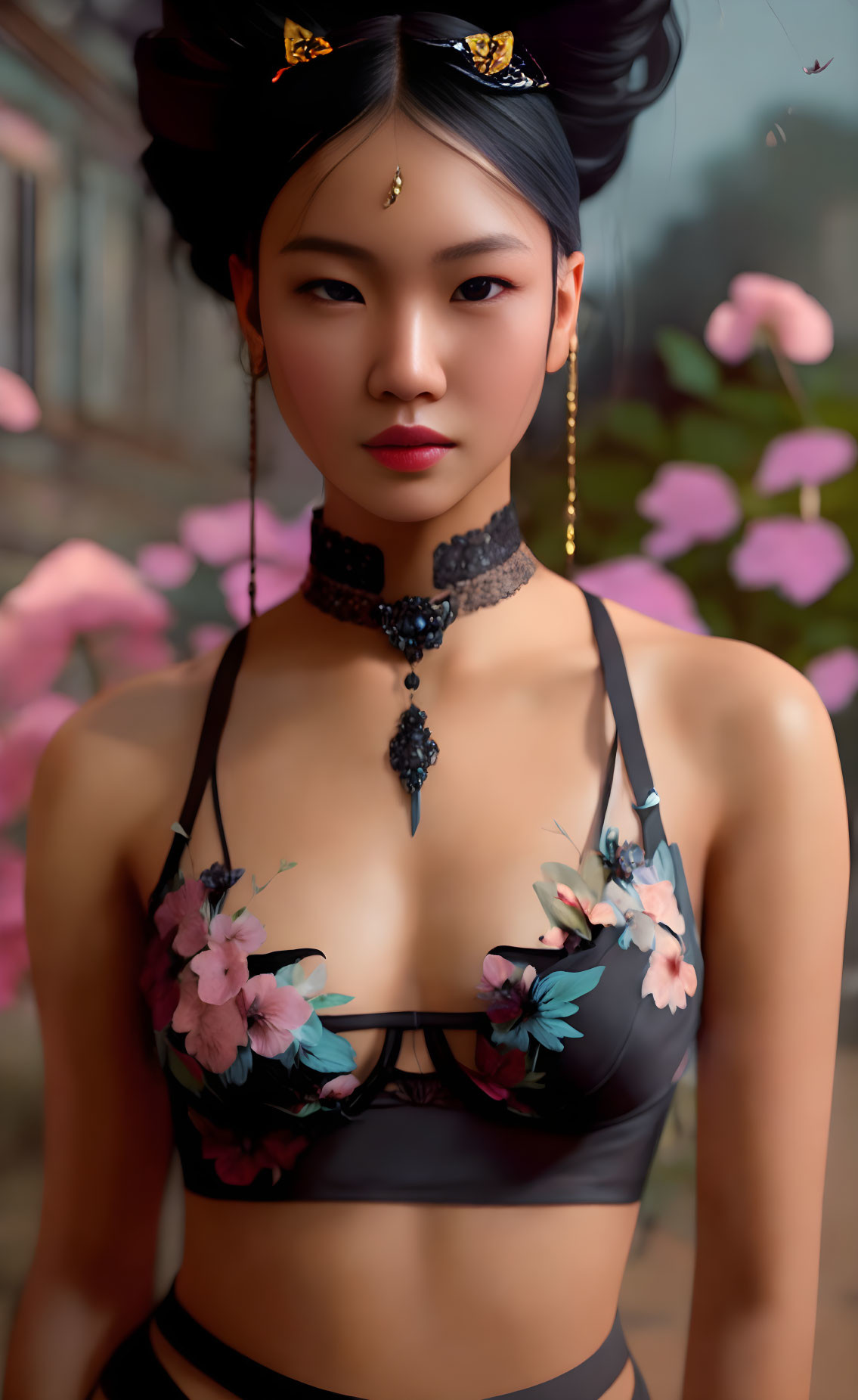 Elaborate Hairstyle and Floral Bikini Top on Woman