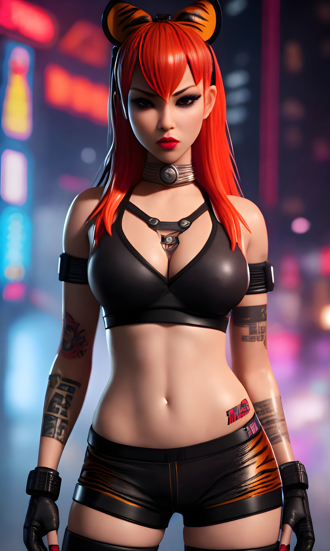 Red-haired female character in black outfit with tattoos and headphones in neon-lit urban scene