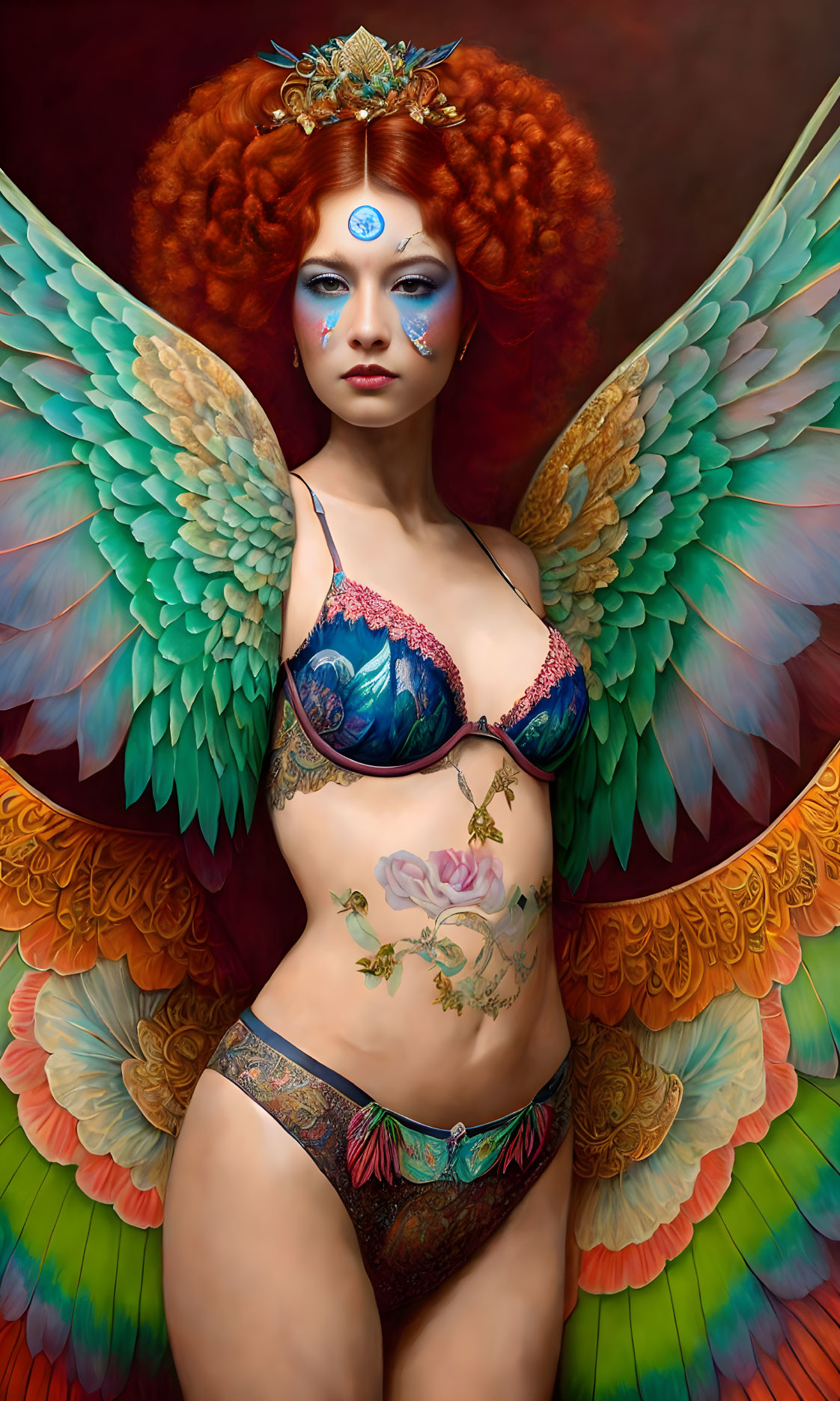 Vibrant red-haired woman with blue makeup and bird wings in mythical pose