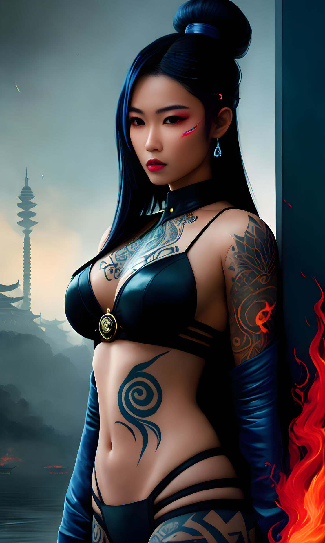 Illustration of woman with tattoos in futuristic attire with blue tones and flames, blending traditional and cyberpunk