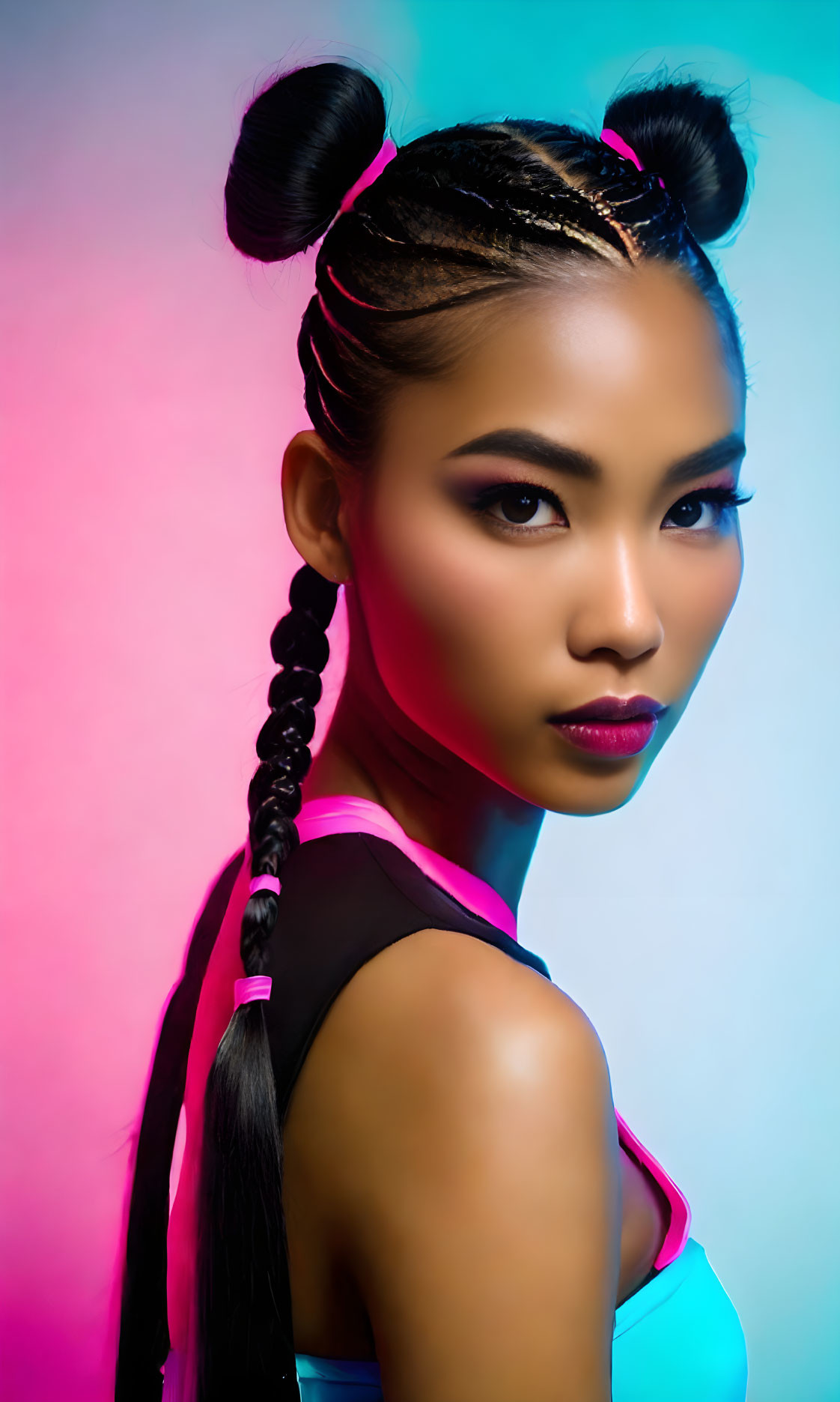 Woman with Striking Makeup and Braided Buns on Blue-Pink Gradient