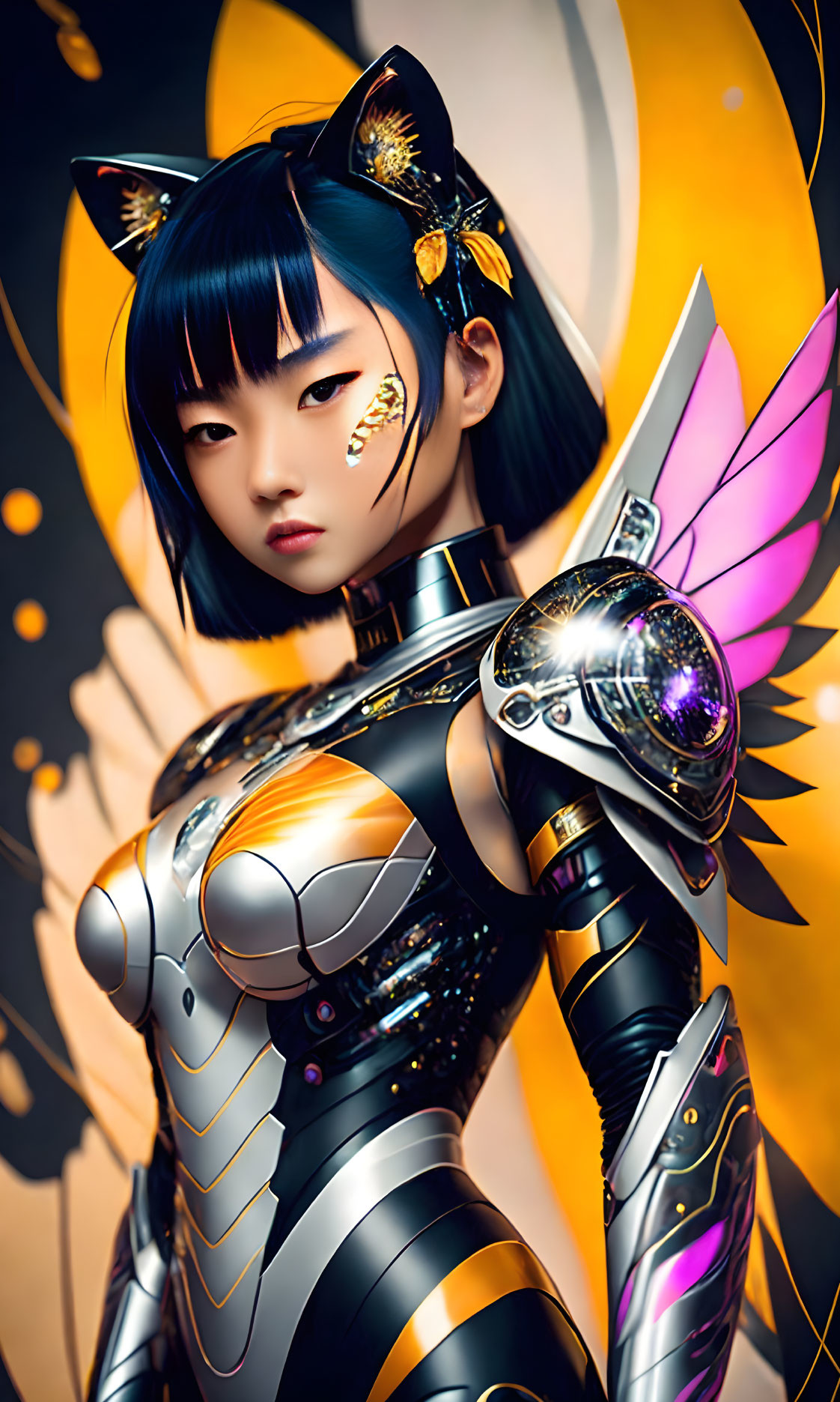 Futuristic woman in cat-themed armor with butterfly wing accessory