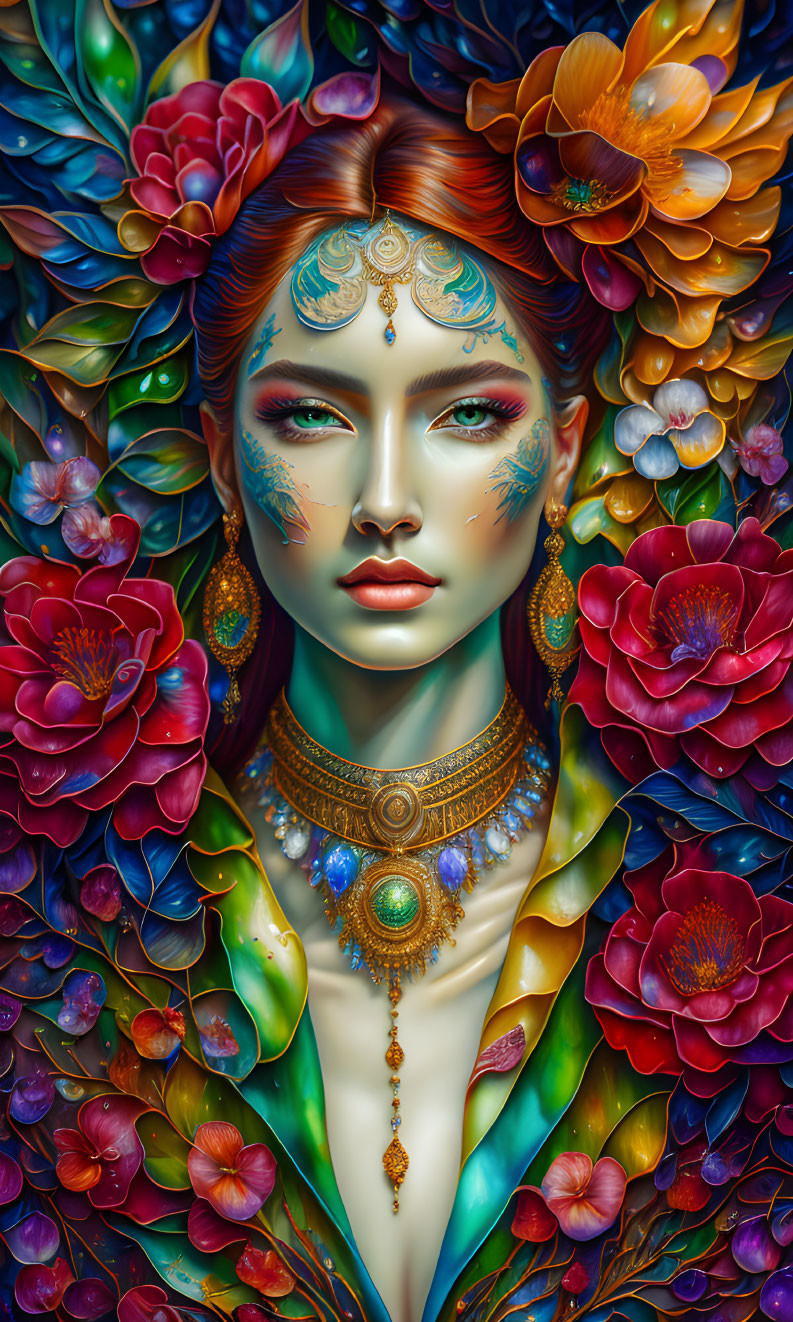 Colorful digital portrait of a woman with gold jewelry and vibrant flowers