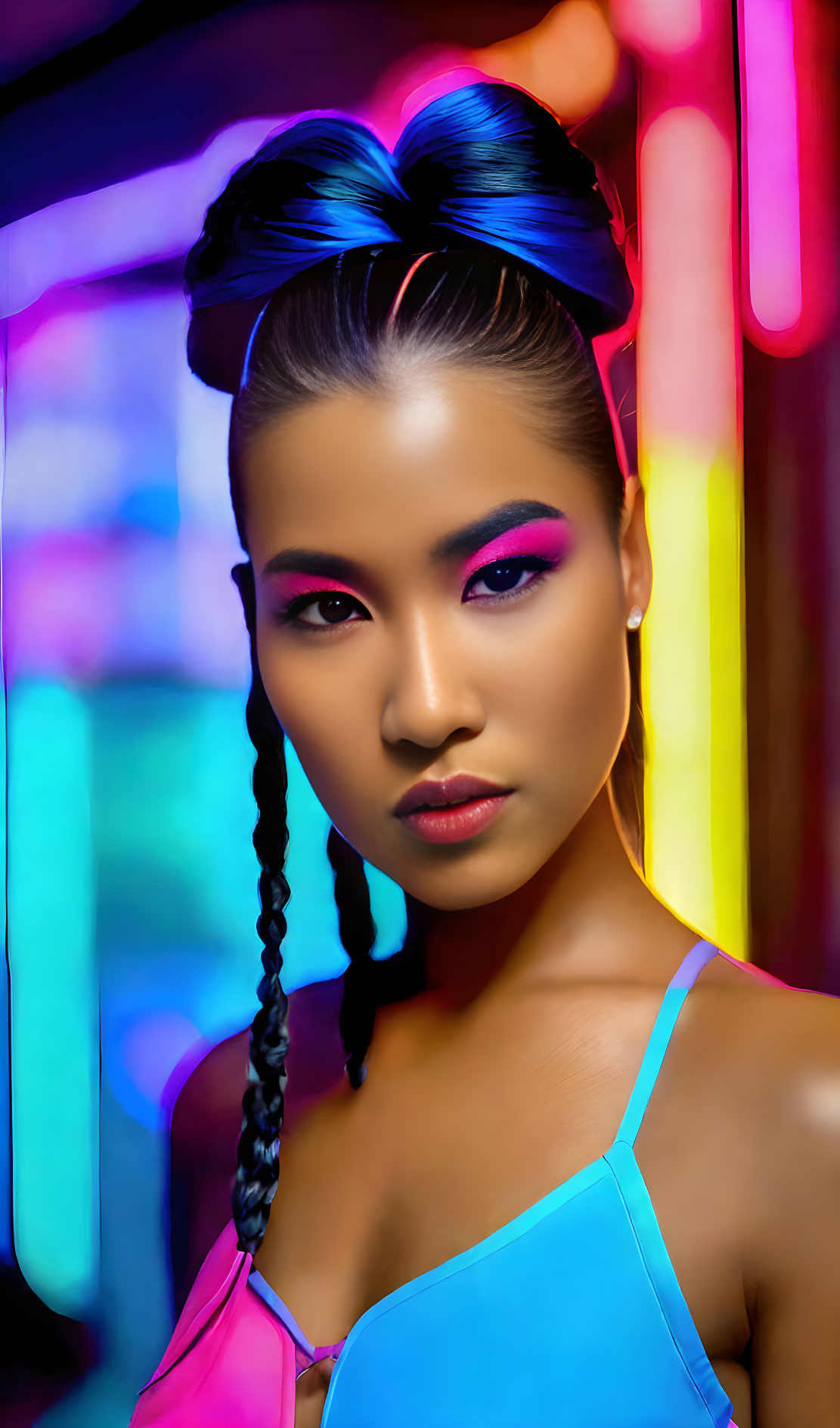 Woman with blue bow and neon makeup in front of blurred neon light background