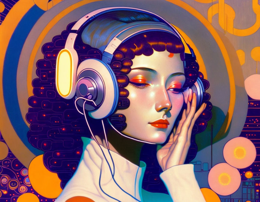 Abstract female figure with headphones in retro-futuristic art