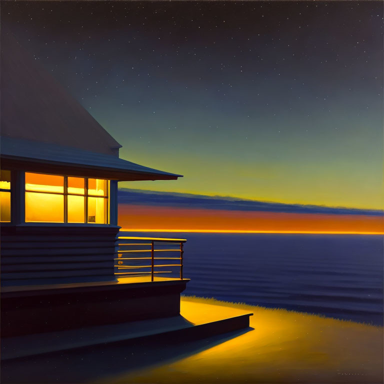 House at Dusk Overlooking Sea with Starry Sky