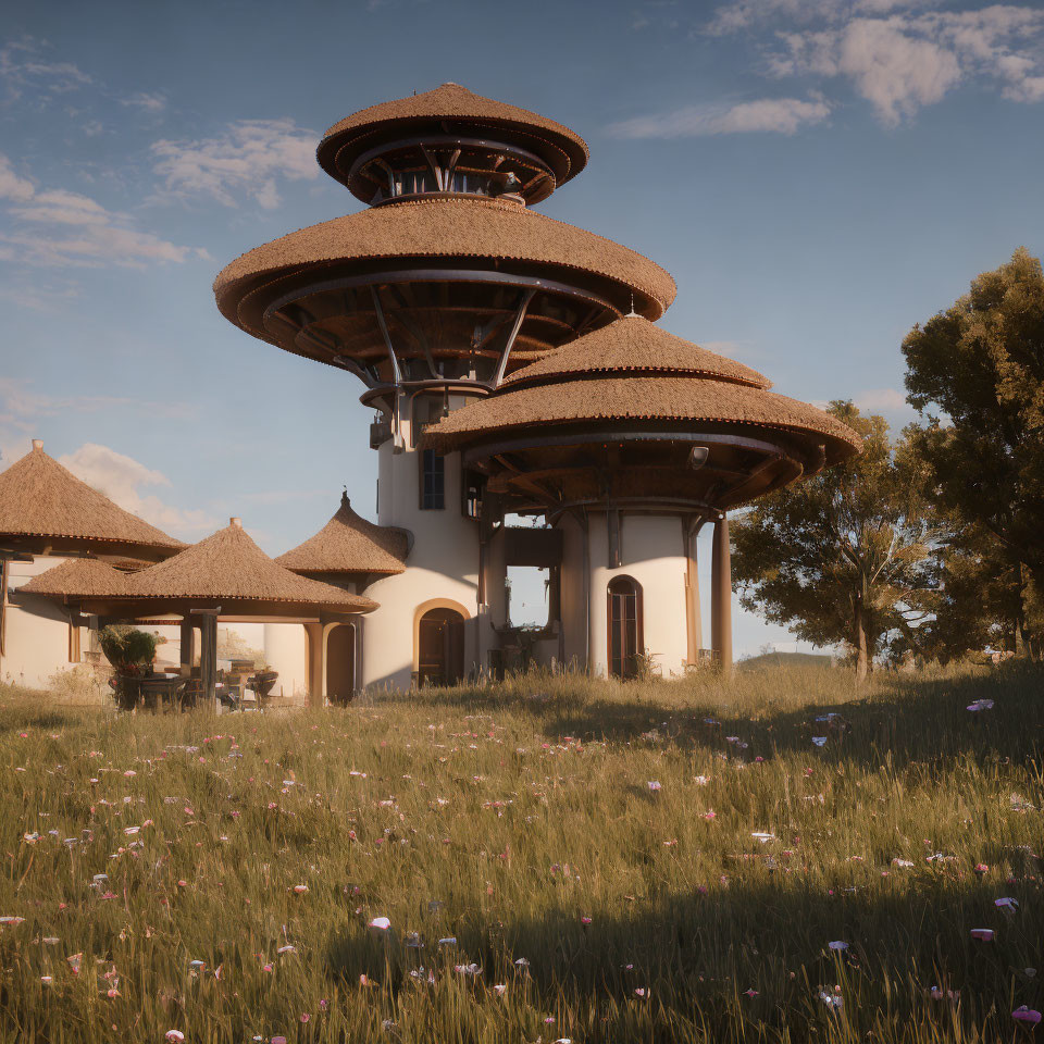 Pagoda-style Building with Thatched Roofs in Flower Field