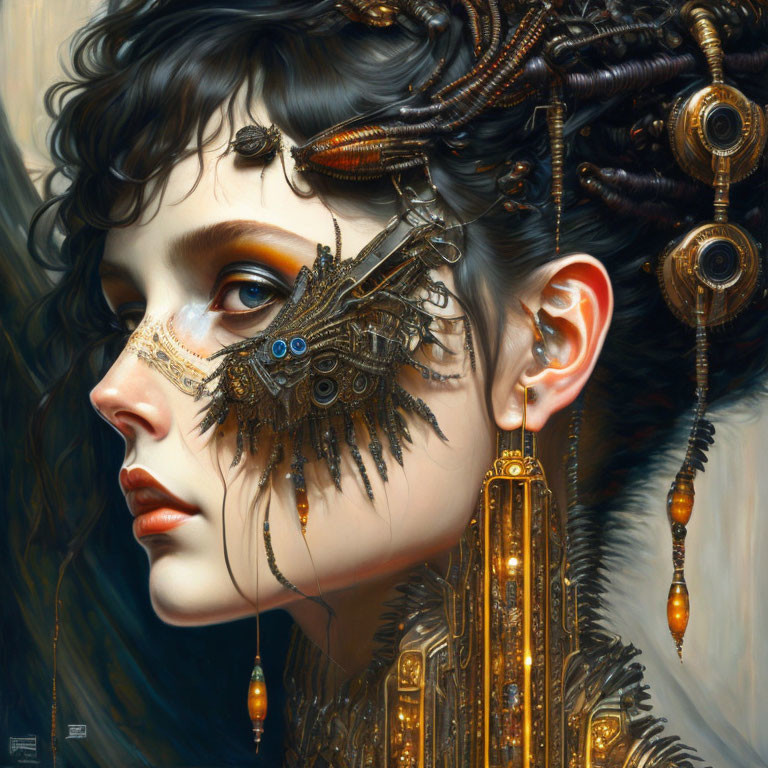 Steampunk-style woman portrait with mechanical eye accessory and intricate jewelry