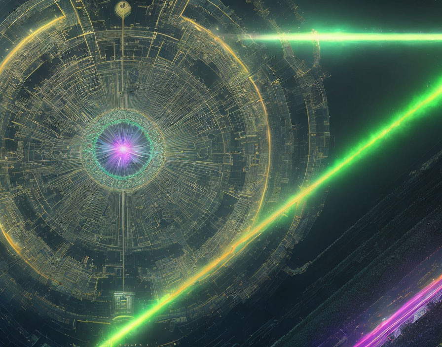 Circular layout futuristic city emits green laser beam at night