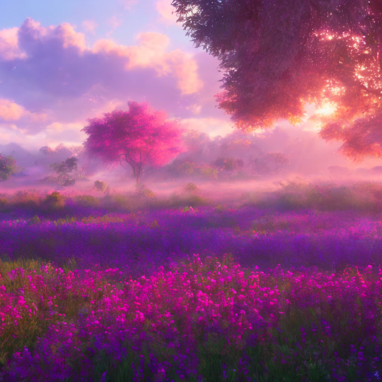 Lush Purple Flower Field at Sunrise with Misty Atmosphere