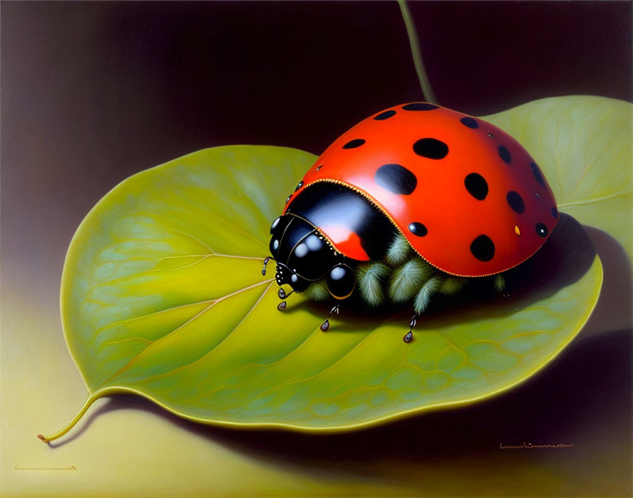 Hyper-realistic painting of red ladybug on green leaf with water droplets