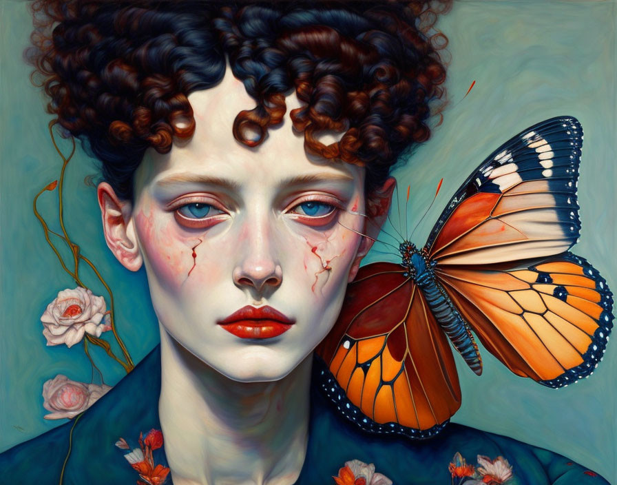 Surreal portrait of woman with curly hair, teary eyes, butterfly, and flowers