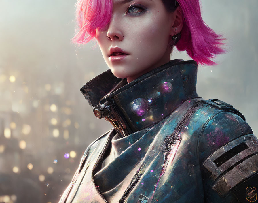 Pink-haired person in futuristic armor gazes against urban backdrop with bokeh effect.