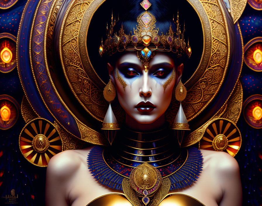 Character portrait with ornate jewelry, crown, blue and gold makeup, against mandala backdrop