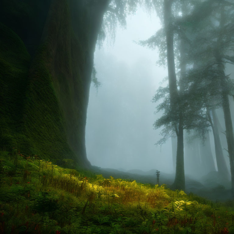 Sunlit Misty Forest Clearing with Green Ferns and Moss-covered Ground