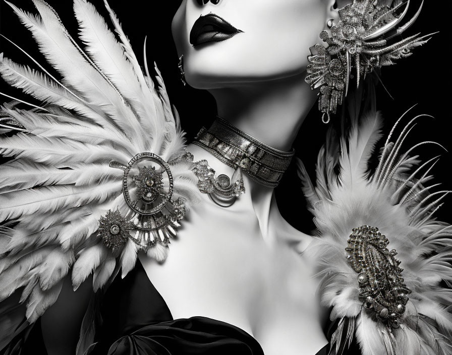 Monochromatic close-up of person in luxurious feathers and ornate jewelry