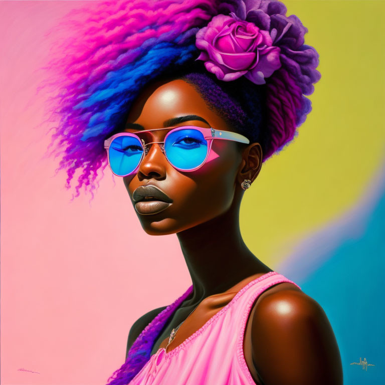 Vibrant blue and purple hair woman in sunglasses and pink top with rose in hair on pastel